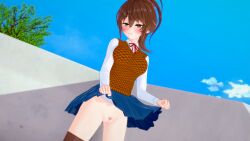 3d brown_hair doki_doki_literature_club edit edited femc_(doki_doki_literature_club) flashing_pussy grinning_at_viewer koikatsu lifting_shirt showing_pussy yellow_eyes
