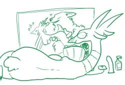 2021 antelope anthro ass bovid canid canine canis dildo eating electronics female female_focus fingering fingering_partner food green_and_white group heart_symbol horn long_neck looking_at_porn looking_at_viewer looking_back looking_back_at_viewer lube_bottle lying male male/female mammal monochrome nude on_side popcorn popcorn_bucket pornography rear_view scut_tail sex sex_toy short_tail simple_background solo_focus tail television the_weaver the_weaver_(character) trio white_background wolf