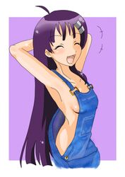 armpits breasts cute_fang female flat_chest hair_ornament hairclip happy kiyal_bachika long_hair naked_overalls overalls purple_hair sideboob solo tengen_toppa_gurren-lagann tengen_toppa_gurren_lagann