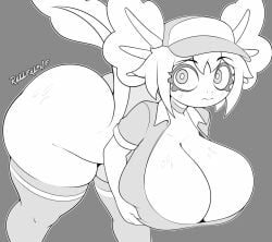 axolotl axolotl_ears axolotl_humanoid axolotl_tail big_ass big_breasts fast_food greyscale hat pantsless rollerlane socks suprised_expression uniform vitzy_(vitzypie)