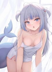 1female 1girls blue_eyes blue_highlights blush clothing doujiang3200 female female_only gawr_gura hair_ornament hololive hololive_english hololive_myth humanoid light_skin looking_at_viewer realistic_proportions shark shark_girl shark_tail solo tail virtual_youtuber vtuber white_hair