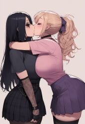 2girls ai_generated big_breasts big_butt bimbo blush busty choker closed_eyes curvaceous curvy female goth huge_breasts kissing kohai0 large_breasts long_hair makeup ponytail short_skirt slim_waist stockings voluptuous yuri