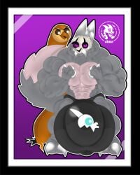 abs absurd_res angry anthro avian balls big_balls big_horn big_muscles bird black_clothing black_sclera black_underwear bone brown_body bulge claws clothed clothing demon detailed_bulge disney duo fur genitals grey_body grey_fur grey_tail hi_res hooty_(the_owl_house) horn huge_balls huge_muscles hyper hyper_balls hyper_genitalia hyper_muscles jdbo-arts king_clawthorne male muscular owl partially_clothed pecs penis purple_eyes purple_sclera royalty simple_background skull symbol_on_underwear tail the_owl_house titan_(the_owl_house) underwear white_eyes