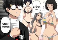 3girls atlus big_breasts bikini black_hair breasts brown_hair choker female glasses karbuitt looking_at_viewer megami_tensei persona persona_5 ren_amamiya sadayo_kawakami sae_niijima shirt_lift shujin_uniform speech_bubble spider_web_print tae_takemi white_background white_hair