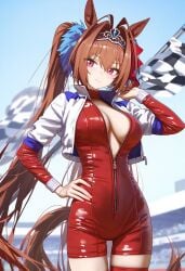 ai_generated animal_ears breasts cleavage cosplay daiwa_scarlet_(umamusume) female hips horse_girl pussy red_eyes ribbon_in_hair tiara twintails umamusume umamusume_pretty_derby