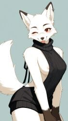 ai_generated anthro bankonit bare_shoulders blep breasts female fox_ears fox_girl fox_tail fur furry medium_breasts nipple_slip red_eyes smile stable_diffusion standing tail tail_raised tongue_out virgin_killer_sweater white_fur wink