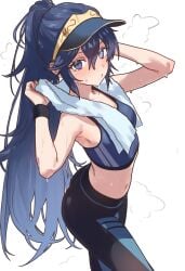 1girls belly blue_hair ebora female fire_emblem fire_emblem_awakening gym_clothes lucina_(fire_emblem) sweat sweatdrop tank_top tiara towel towel_around_neck visor_cap wristband yoga_pants