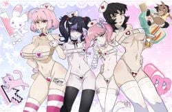 >:d 4girls :< ame-chan anya_(mouthwashing) bandaged_arm belly bikini black_eyes black_hair black_thighhighs blush breast_size_difference choker cleavage crossover cute earrings eyelashes fangs female female_focus female_only group hair_ornament hair_ribbon hairclip hand_on_hip high_resolution highres holding_each_other holding_object idolmaster idolmaster_cinderella_girls large_breasts looking_at_viewer makeup medium_breasts menhera-chan_(ezaki_bisuko)_(character) mouthwashing multiple_crossover needy_girl_overdose nervous nurse nurse_cap p-chan painted_nails pale_skin pastel_background petite petite_body pills pink_eyes pink_hair polle_(mouthwashing) short_hair skimpy skimpy_bikini skimpy_clothes small_breasts small_female square_bikini standing star sweat taller_female thighhighs thighs twintails two_tone_hair usatan voluptuous white_thighhighs wing_hair_ornament wrist-cut_transformation_subculture_menhera yami_kawaii yumemi_riamu