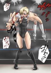 2girls artist_request blonde_hair catfight european_female female fight fighting fighting_ring interracial japanese_clothes japanese_female lifted lifting lifting_person original original_characters sweat sweating sweaty sweaty_ass sweaty_body sweaty_breasts thighs wrestler wrestling wrestling_boots wrestling_outfit wrestling_ring wrestlingryona