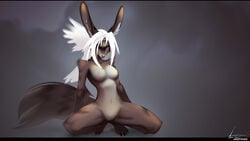 2016 anthro black_claws blue_eyes breasts brown_fur claws crouching english_text female ferret fur hair hi_res inner_ear_fluff iontoon long_hair mammal mustelid nipples nude pink_nose pussy signature solo spread_legs spreading text toe_claws white_hair