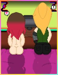 2girls alisha alisha_ahsila bete_noire betty_noire brown_hair female glitchtale long_hair naked nude pixel pixel_(artwork) pixel_art red_hair short_hair tv yellow_hair z!betty zixy