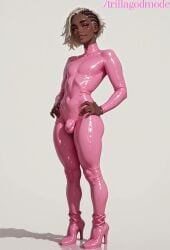 1boy 1femboy ai_generated blonde_hair bodysuit bulge cornrows dark_skin femboy pink solo trillagodmodex