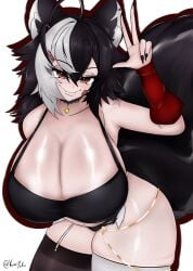 ahoge animal_ear_fluff animal_ears bare_shoulders black_hair black_legwear borrowed_character breasts choker cleavage female garter_straps hair_between_eyes huge_breasts jewelry looking_at_viewer momotexx_(vtuber) multicolored_hair nail_polish necklace panties red_eyes short_hair smile solo spaghetti_strap tail thick_thighs thighhighs thighs two-tone_hair underwear v vyugen white_hair