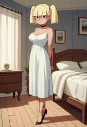 ai_generated alternate_body_build alternate_body_size baby_doll blonde_hair breasts cleavage dc dc_comics female glasses high_heels huge_breasts mary_dahl thelightningcrab twintails