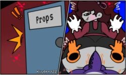 black_overalls black_skirt checkered_floor cock disembodied_hands five_nights_at_sonic's five_nights_at_sonic's_maniac_mania_plus gray_skinned_female grey_skin hands_on_ass kiu22v lefty_mario loud_sex penis penis_in_pussy pink_bow purple_fur pushed_against_wall red_shirt sex_from_behind sex_under_skirt straight_sex white_gloves