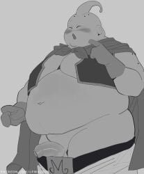 anthro balls belly blush bottomwear bottomwear_down cape clothed clothing dragon_ball dragon_ball_z erection foreskin genitals gloves greyscale handwear hi_res lewalrus majin majin_buu male monochrome navel overweight overweight_male pants pants_down partially_clothed penis solo