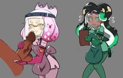 apron badguyvivi clipboard elbow_gloves gloves handjob latex_gloves marina_(splatoon) pearl_(splatoon) prostate_milking prostate_stimulation splatoon