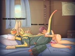 2025 after_orgasm after_sex animal_genitalia animal_penis anjydrawslewd ass balls bed_sex bedding bedroom bodily_fluids capcom claws cloaca cloacal_penis clothing cum cum_drip cum_in_ass cum_inside dialogue dripping duo ejaculation erection falling_asleep fanged_wyvern feet feral fluffy furniture genital_fluids genitals gloves hair handwear happy happy_sex headgear headwear hi_res human human_on_feral inside interspecies interspecies_bestiality jagras larger_male looking_back looking_pleasured male male/male male_penetrated male_penetrating male_penetrating_male mammal mitten_hands monster_hunter morning morning_sex multicolored_body nude nude_male open_mouth orgasm paws penetration penis pillow pupil raised_leg raised_tail red_hair sex size_difference small_dom_big_sub smaller_human smaller_male sweat sweatdrop tail tailbutt tongue two_tone_body warm_lighting zoophilia