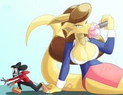 1boy 1girls 2d 2d_(artwork) applying_lipstick applying_makeup bedroom big_lips black_hair black_pants breasts brown_hair clawed_fingers dragon dragon_girl dragon_tail furry furry_male glasses grabbing_tail green_eyes jamearts jimmy’s_sloppy_life larger_female lips lipstick long_hair medium_breasts mouse mouse_boy mouse_tail pink_lips pink_lipstick pink_skirt pointy_ears puffy_hair rebecca_(jamearts) red_sweater round_ears running running_away scalie scalie_female size_comparison size_difference skirt smaller_male sweater teacher teacher_outfit trying_to_escape yellow_body