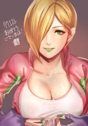 absurdres breasts brown_background censored cleavage commentary_request commission cum cum_on_body cum_on_breasts cum_on_clothes eyeliner falke_(street_fighter) female fingerless_gloves gloves green_eyeliner green_eyes green_lips green_nails hair_behind_ear hair_over_one_eye highres large_breasts makeup mosaic_censoring mugen_no_sudadokei paizuri paizuri_under_clothes penis pink_hair purple_gloves short_hair skeb_commission smile solo street_fighter street_fighter_v sweatdrop translation_request