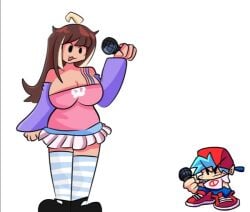 big_breasts blonde_hair blue_hair blue_thighhighs boyfriend_(friday_night_funkin) brown_hair friday_night_funkin friday_night_funkin_mod hat long_hair microphone nervous open_mouth qt_(friday_night_funkin) red_hat skirt thighhighs vs_qt_(fnf_mod) white_background white_skirt white_thighhighs