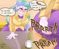 1girls ass ass_focus desk english_text fart farting female fully_clothed ichi_cho_ichi_sato multicolored_hair my_little_pony pink_skin princess_celestia_(mlp) purple_eyes scat_desperation text
