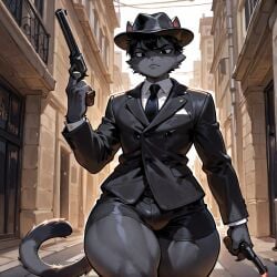 1970s 1980s 1boy 1femboy ai ai_generated andrew big_thighs black_eyes black_fedora black_iris bowtie bulge bushy_hair dark_fur fedora feline feline femboy feminine feminine_body feminine_male furry gray_fur gun_in_hand holding_gun holding_pistol mafia mafia_outfit mafia_uniform round_thighs serious_face short_hair small_bulge street weapon