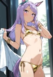 ai_generated animal_ears female golden_bikini horse_girl light_purple_hair long_hair mejiro_mcqueen_(umamusume) purple_eyes ribs small_bikini small_breasts umamusume umamusume_pretty_derby