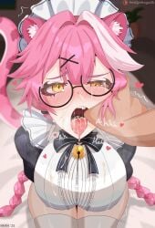 alternate_costume animal_ear_fluff animal_ears apron artist_name bangs bell black_dress blush braid breasts cat_ears cum cum_in_mouth dress eyebrows_visible_through_hair fangs female finger_in_mouth frills from_above glasses gloves hair_ornament heart heart-shaped_pupils hololive hololive_english hololive_english_-justice- jingle_bell kneeling large_breasts long_hair looking_at_viewer looking_up maid maid_apron open_mouth pink_hair pink_ribbon raora_panthera saliva seiza short_sleeves sitting solo symbol-shaped_pupils tagme tail thighhighs tongue tongue_out twitter_username very_long_hair virtual_youtuber watermark white_apron white_legwear yellow_eyes