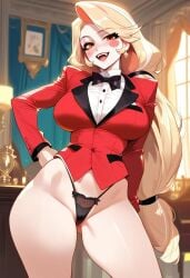 2d ai_generated blonde_female blonde_hair business_suit charlie_morningstar_(hazbin_hotel) female female_focus female_only hazbin_hotel indoors jacket makeup pale-skinned_female pale_skin panties pantsless solo solo_female solo_focus suit tagme white_skin white_skinned_female