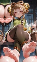 1girls aged_up ai_generated alternate_breast_size ass big_breasts brown_eyes brown_hair camellc feet female female_focus female_only foot_fetish foot_focus genshin_impact glistening large_ass large_breasts legs legwear lips nipples sweat sweaty teasing thick_thighs thighs toes yaoyao_(genshin_impact)