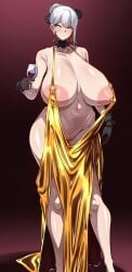 absurdres areola_slip blush breasts breasts_apart censored cocktail_dress covered_erect_nipples cup curvy dress drinking_glass earrings evening_gown expressionless female grey_eyes grey_hair hair_bun highres huge_areolae huge_breasts jewelry konoshige_(ryuun) large_nipples looking_at_viewer mosaic_censoring navel no_panties original pussy revealing_clothes short_hair standing tagme thick_thighs thighhighs thighs wide_hips wine_glass