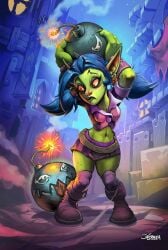 blizzard_entertainment blue_hair blue_hair_female bomb bomb_squad bomb_squad_(hearthstone) edit edited edited_art edited_image edited_official_artwork goblin goblin_(warcraft) goblin_female green_body green_skin green_skinned_female hearthstone official_art warcraft world_of_warcraft