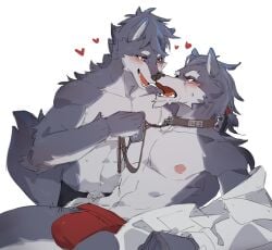 accessory adopted adopted_son age_difference anthro black_nose blush bottomwear bulge canid canine canis clothing collar duo fangs father father_and_child father_and_son fluffy fluffy_tail fur grey_body grey_fur hair_accessory hi_res historical kemono leash leashed_collar loincloth lokey male male/male mammal multicolored_body multicolored_fur nipples parent parent_and_child parent_and_son pecs pink_nipples pointy_ears red_eyes simple_background son tail teeth two_tone_body two_tone_fur underwear wolf yekol_i young_adult