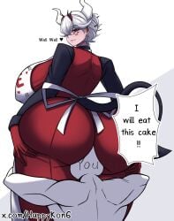 1man apron ass beelzebub_(helltaker) big_ass big_breasts big_butt demon demon_girl devil female happykon helltaker horn red_eyes white_hair