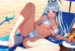 1girls ai_generated beach bikini blue_eyes breasts cameltoe cleavage crotch dragon_girl dragon_tail drink female female_focus female_only hair_tubes large_breasts legs_apart legs_up long_hair looking_at_viewer lying lying_on_chair outdoors showing_crotch showing_pussy sidelocks sitting sitting_on_chair solo solo_female solo_focus spread_legs spreading swordsoul_of_mo_ye tail white_bikini white_hair yu-gi-oh!