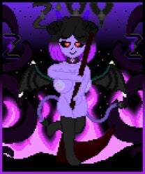 bete_noire big_breasts big_breasts black_background black_eyes black_hair black_thighhighs demon_girl glitchtale naked nude pixel pixel_(artwork) pixel_art purple_background purple_hair purple_skin red_eyes short_hair succubus succubus_wings thighhighs z!betty zixy