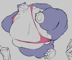 anthro ass belly big_belly blue_body blush breasts closed_eyes clothing digital_media_(artwork) dorkass drawpile_(artwork) fat_legs feet female generation_1_pokemon genitals grey_background huge_belly mammal morbidly_obese navel nintendo obese obese_anthro obese_female one-piece_swimsuit open_mouth overweight overweight_anthro overweight_female paws pokemon pokemon_(species) pokemorph pussy simple_background sling_bikini snorlax soles solo swimwear thick_thighs wide_hips