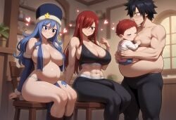 1boy 1futa 1girls abs ai_generated big_breasts big_penis black_hair blue_hair breastfeeding bulge cuckold erza_scarlet fairy_tail fat_man female futa_on_female futanari gray_fullbuster hearts_around_head humiliation impregnated_by_futa juvia_lockser leggings netorare newborn ntr penis_bulge pregnant red_hair revealing_clothes sports_bra toned_futa