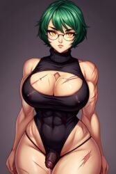 1futa abs ai_generated black_turtleneck cleavage erect futanari futanari glasses green_hair large_breasts large_penis looking_at_viewer maki maki_zenin muscular muscular_futanari pants_down penis precum precum_drip precum_string scars short_hair small_penis strong tactical_pants thong tsundere turtleneck veiny yellow_eyes zenin_maki