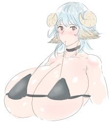 1girls bikini bikini_top blue_hair female horns looking_at_viewer tagme