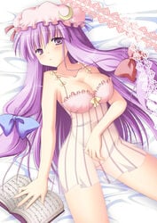 aomi blush book bottomless bow breasts crescent_moon female female_only hairbow hat human lingerie long_hair lying moon negligee no_panties patchouli_knowledge purple_eyes purple_hair solo touhou uncensored underwear underwear_only very_long_hair