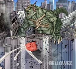 5_fingers abrax_(pyronite) abs anthro bellowez biceps big_penis bodily_fluids building building_destruction building_penetrated building_sex city city_background city_destruction cityscape claws cum cumshot destruction ejaculation erection extreme_size_difference finger_claws fingers genital_fluids genitals green_body hi_res house humanoid_genitalia humanoid_penis landscape_dwarfing macro macro_anthro macro_male male monster muscular muscular_anthro muscular_male nude orgasm outside pecs penetration penile penis pyronite(commissioner) rampage reptile scaled_penis scalie size_difference solo tail teeth yellow_eyes