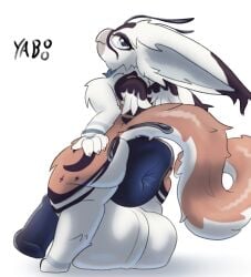 anthro anus ass balls beak big_anus big_balls big_butt big_ears big_penis blue_eyes digitigrade fur genitals hi_res huge_anus huge_balls huge_cock hyper hyper_anus hyper_balls hyper_genitalia hyper_penis looking_at_viewer looking_back male penis puffy_anus short_stack solo spread_butt spreading teacup_gryphon white_body white_fur yaboo