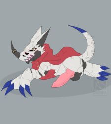 anais_shmirnova animal_genitalia ape balls bandai_namco canine_genitalia cantoril claws cloak clothing digimon digimon_(species) dragon feral genitals hackmon haplorhine hi_res horn knot looking_at_viewer male mammal mythological_creature mythological_scalie mythology penis scalie solo white_body