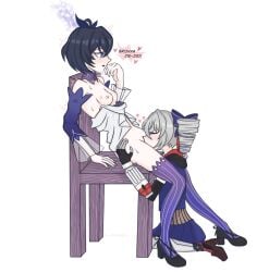 2girls blue_dress blue_eyes blue_hair blue_sleeves blush bottomless bottomless_female breasts breasts_out bronya_zaychik bronya_zaychik_(valkyrie_chariot) chair closed_eyes clothed clothed_female cunnilingus dialogue drill_hair english_text eyebrows_visible_through_hair female gloves grey_hair hair_ornament hair_ribbon hand_on_hip heart heeled_shoes hickey hickey_marks holding_hips holding_waist honkai_impact_3rd jamjamx kneeling kneeling_oral_position looking_at_another multiple_girls no_panties open_mouth oral oral_sex partially_clothed purple_thighhighs seele_vollerei seele_vollerei_(swallowtail_phantasm) shoes short_hair simple_background sitting sitting_on_chair skirt sleeves small_breasts sweat thighhighs white_background wooden_chair yuri