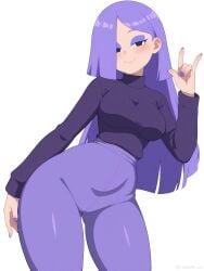 ai_generated at background breasts clothed clothing duolingo emo female fingernails focus fully girl hair hips human light light-skinned lily_(duolingo) looking medium only pants purple skin slim small smartphone solo teasing thin turtleneck viewer waist white wide yoga