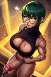 1futa abs ai_generated black_turtleneck cleavage erect futanari futanari glasses green_hair large_breasts large_penis looking_at_viewer maki maki_zenin muscular muscular_futanari pants_down penis precum precum_drip precum_string scars short_hair strong tactical_pants thong turtleneck veiny yellow_eyes zenin_maki
