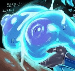 1boy 1boy1girl 1girls blue_body blue_skin cum cum_on_breasts female heart male paizuri purple_nipples slime slime_girl spicyfuse titjob