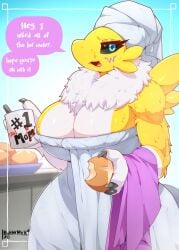 2024 after_shower anthro bandai_namco big_breasts black_sclera blue_eyes bread breasts bunnemilk canid canine container cup dialogue digimon digimon_(species) english_text female food fox fur furry hi_res looking_at_viewer mammal renamon solo speech_bubble talking_to_viewer text towel towel_on_head very_high_resolution wet wet_body wet_fur wide_hips